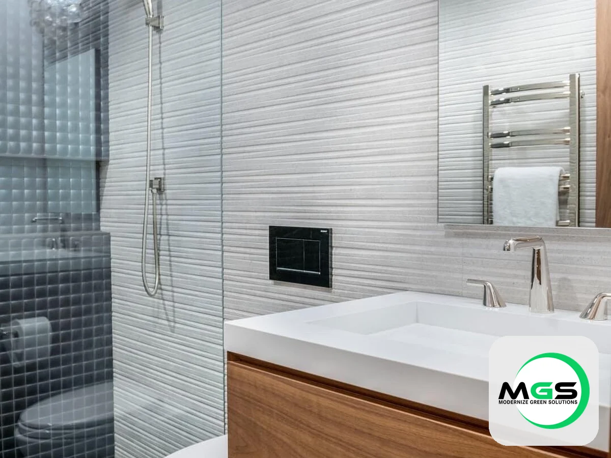 Bathroom remodel with a floating wood vanity and glass shower by Modernize Green Solutions