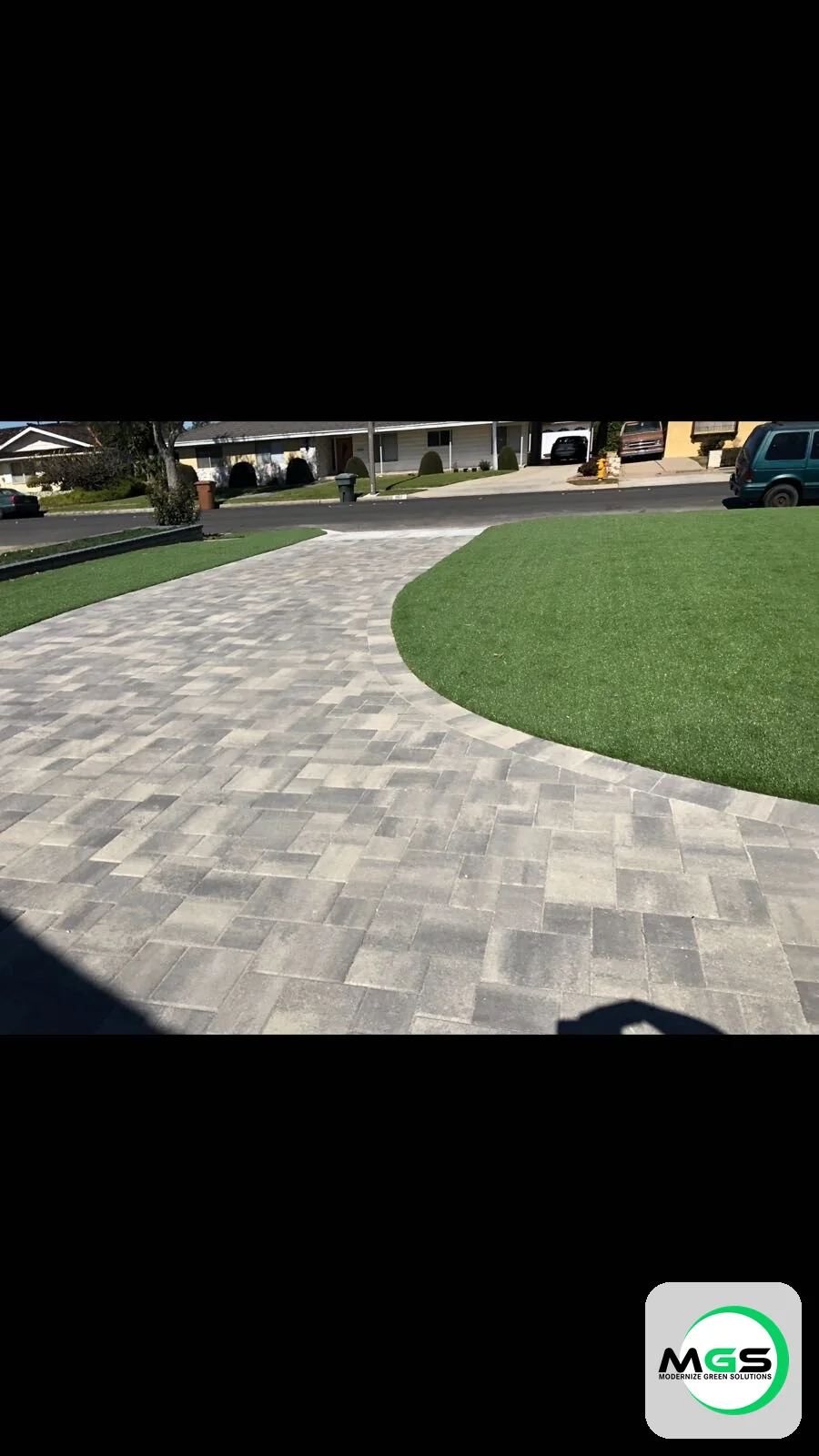 Paver walkway and turf landscaping by Modernize Green Solutions
