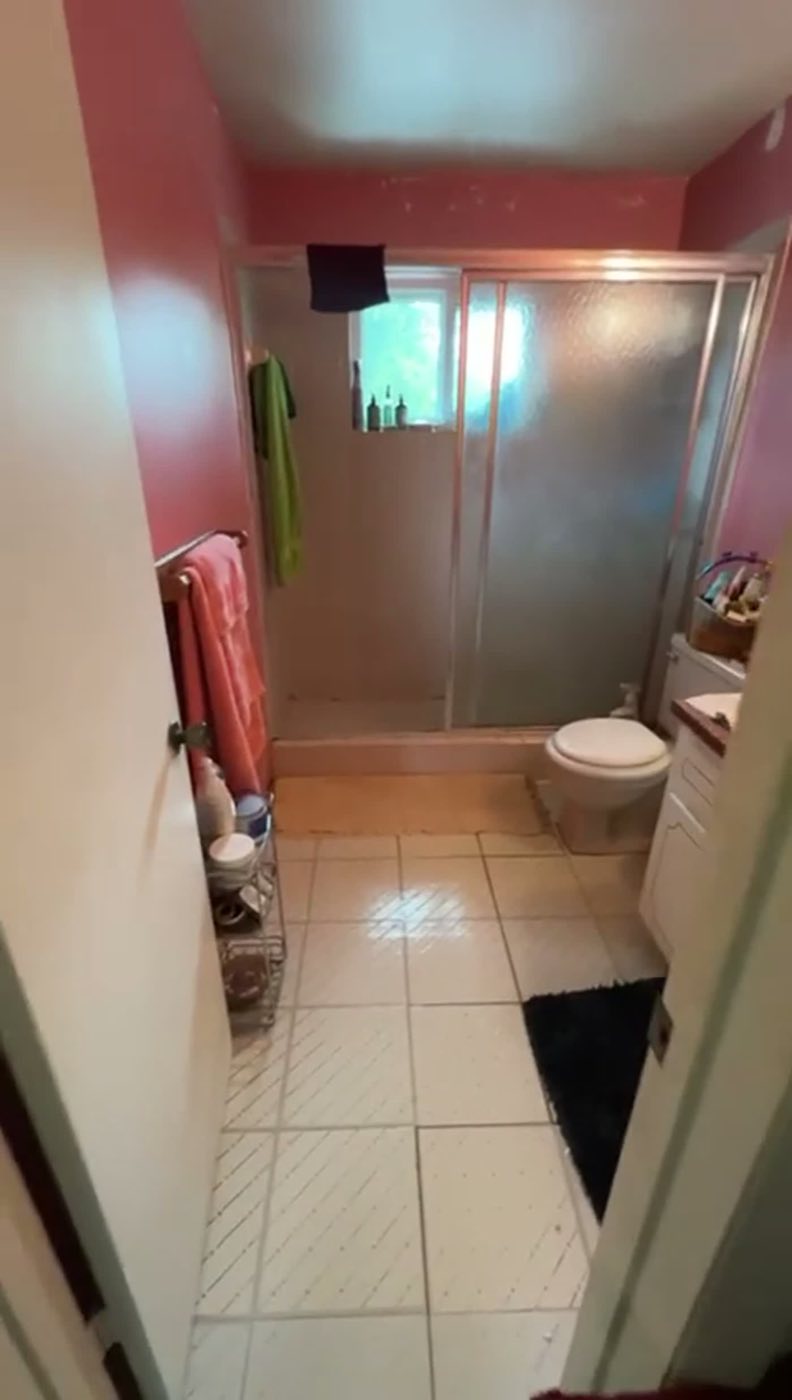 Before: pink walls, white tile and a frosted sliding shower door.