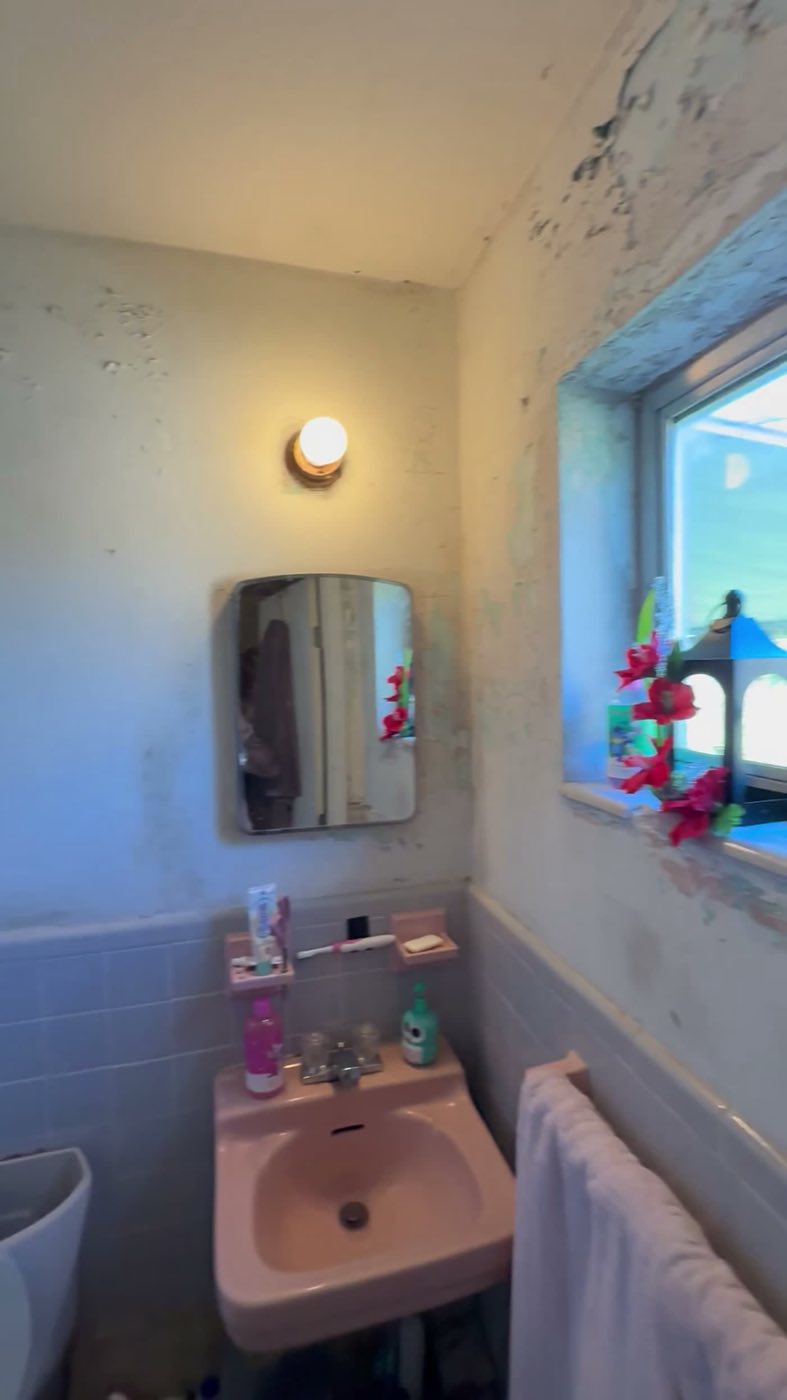 Before: the pink wall-hung sink and old mirror cabinet.