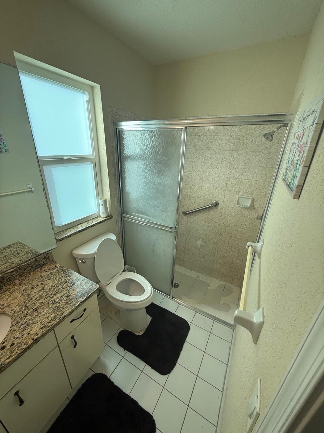 Before: original shower behind sliding glass doors, beige tile, granite-top vanity.
