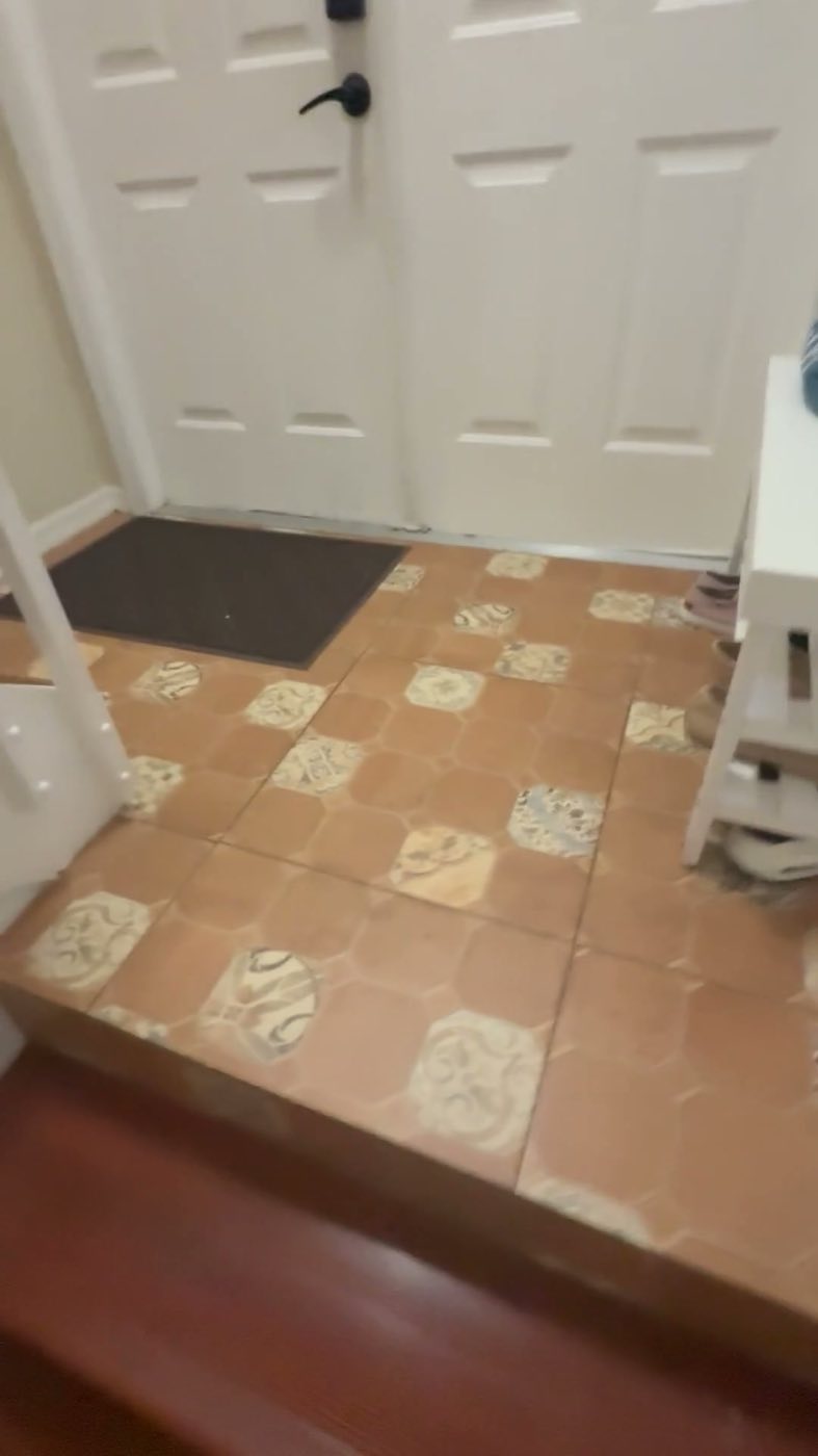 Before: the original floors, patterned terracotta tile at the entry step meeting cherry-toned laminate.