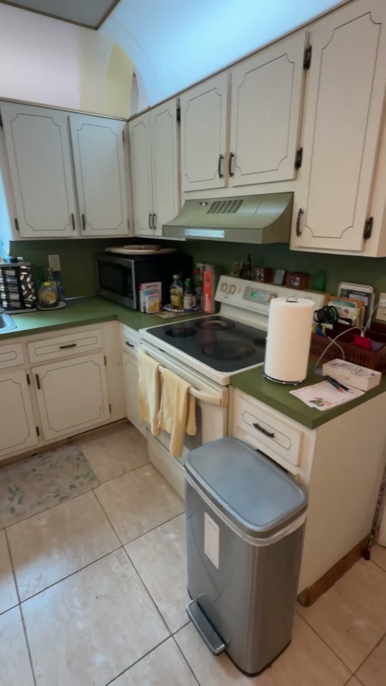 Before: cream raised-panel cabinets, green laminate counters and a white range.