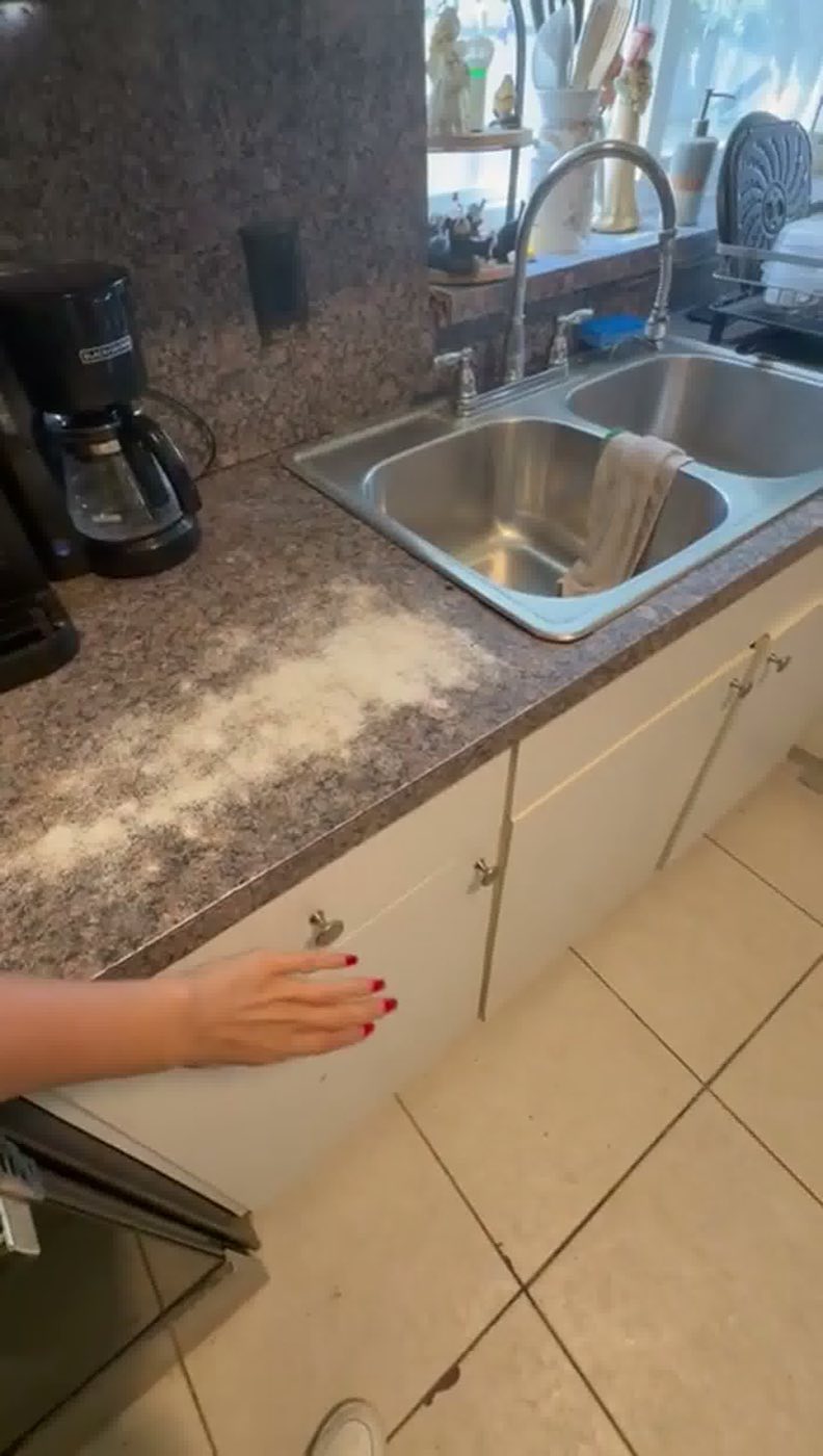 Before: white flat-panel cabinets, speckled laminate counter and backsplash, double sink.